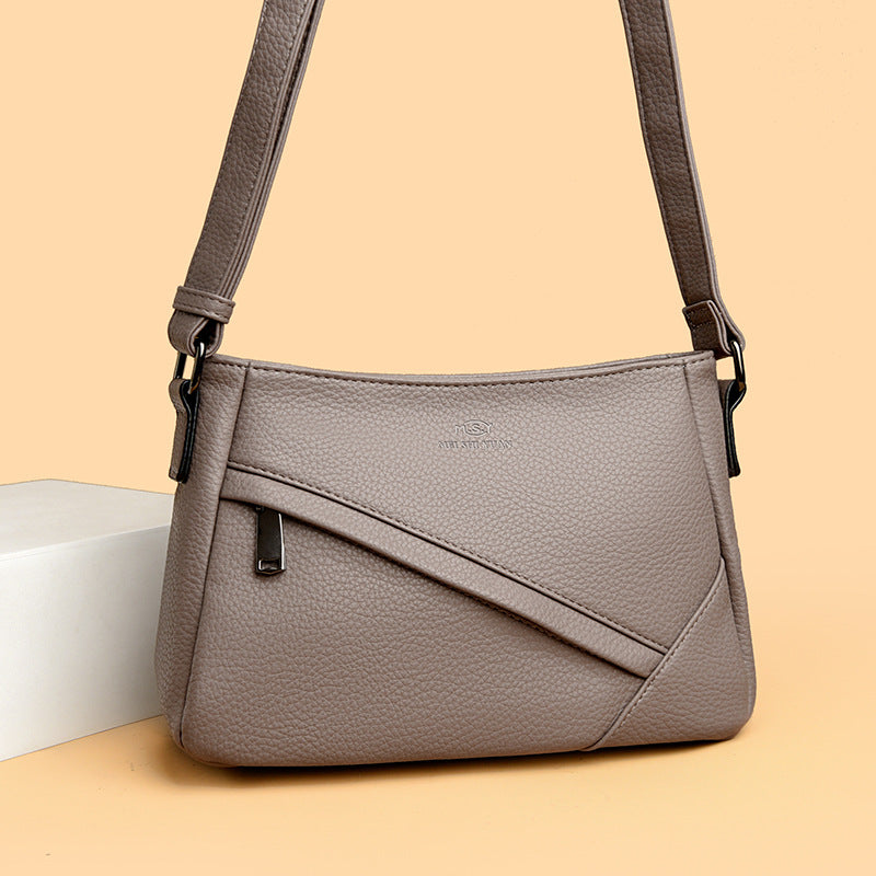 Women's Pebbled Leather Crossbody Shoulder Bag with Angled Zip Pocket