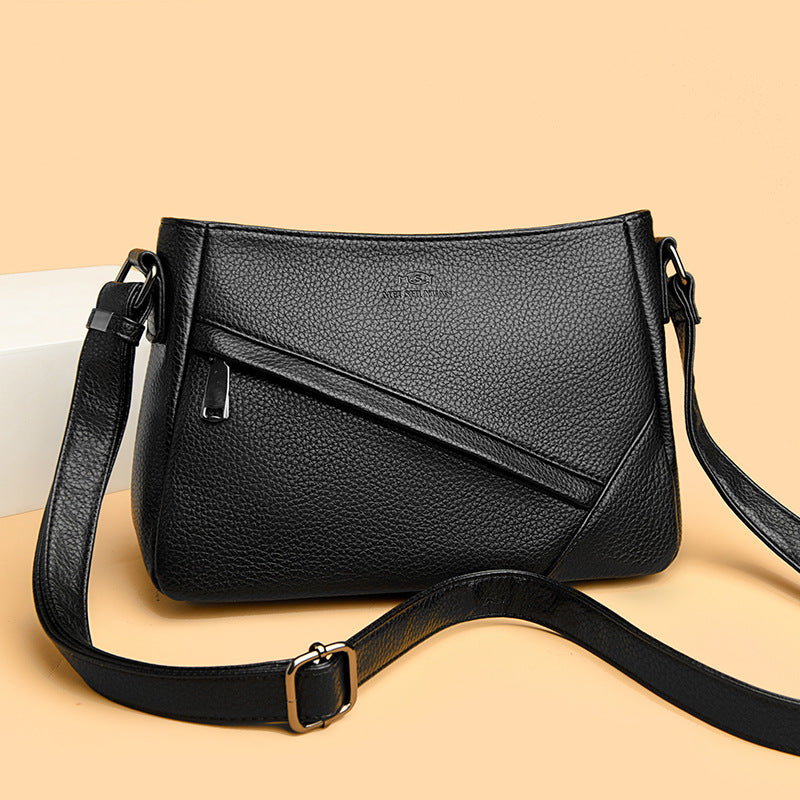 Women's Pebbled Leather Crossbody Shoulder Bag with Angled Zip Pocket