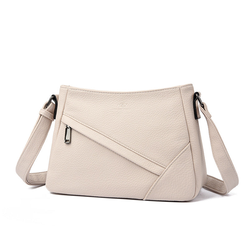 Women's Pebbled Leather Crossbody Shoulder Bag with Angled Zip Pocket