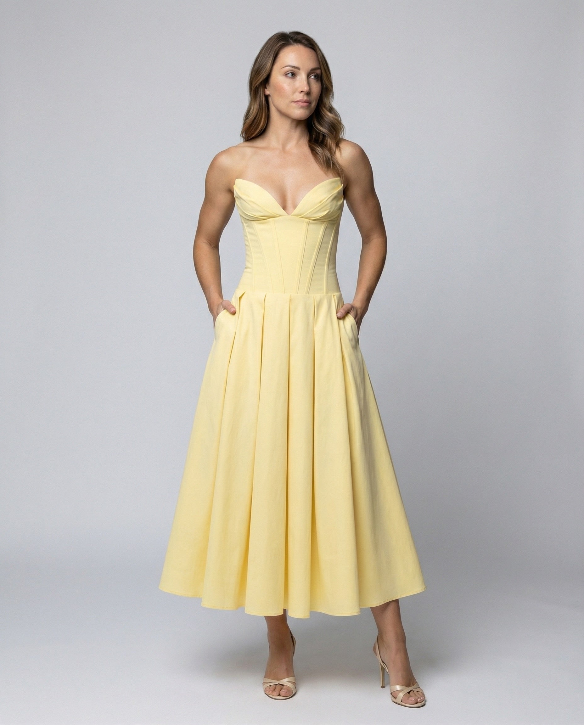 Women's Evening Dress with Deep V-Neck and Swinging Skirt - Front View