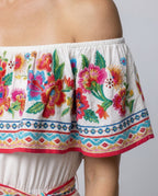 Women's Off-Shoulder Maxi Dress with Floral Patterns - Close-Up Detail