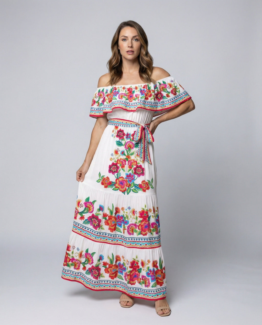 Women's Off-Shoulder Maxi Dress with Floral Patterns - Front View