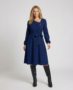 Women's Midi Dress with Tailored Cut and Button Details - Front View