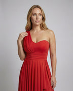 Women's Elegant Maxi Dress with Asymmetrical Hem and Ruffle Details - Upper Body View