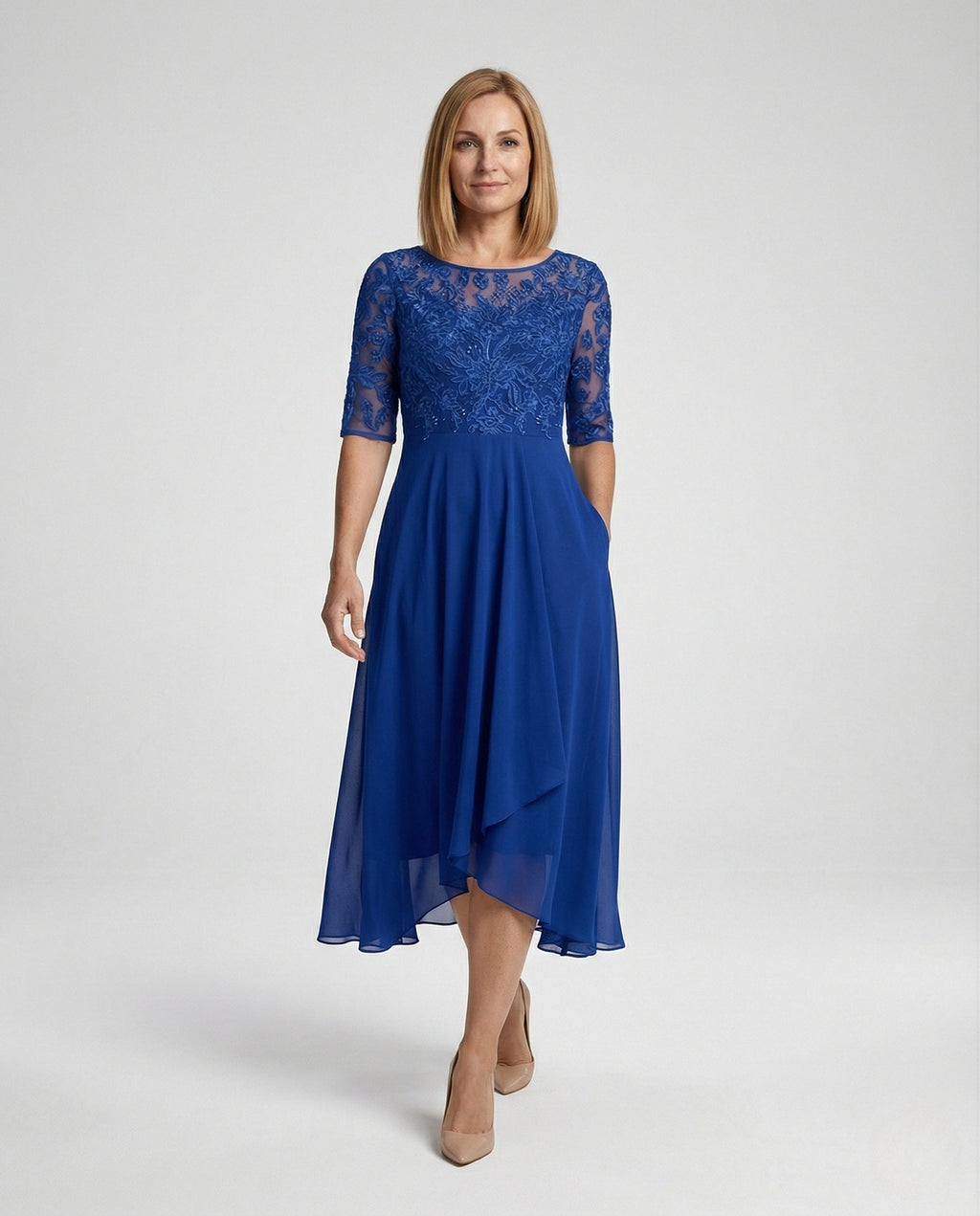Elegant Chiffon Evening Dress with Lace - Front View