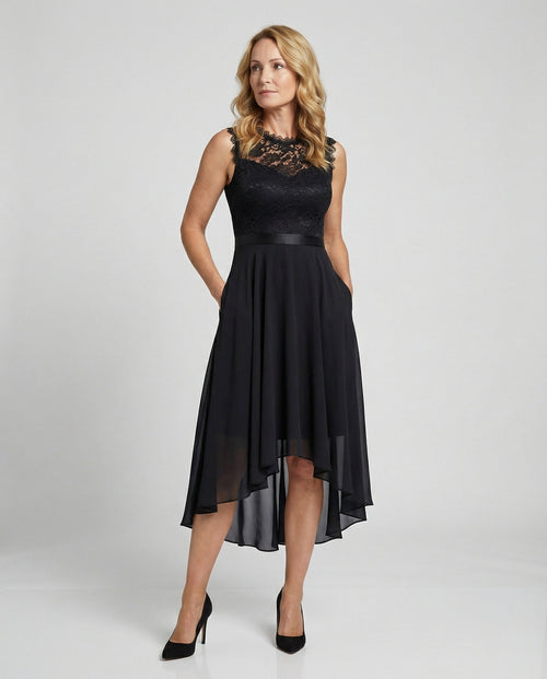Elegant Evening Dress with Lace and Chiffon - Front View