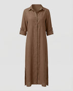 Linen Maxi Dress Women with Button Placket