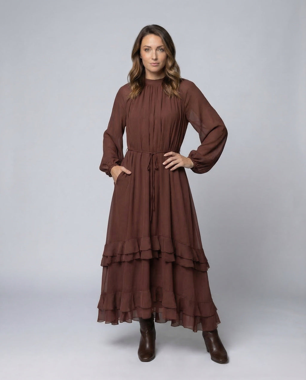Elegant Maxi Dress for Women with Ruffles - Upper Body View