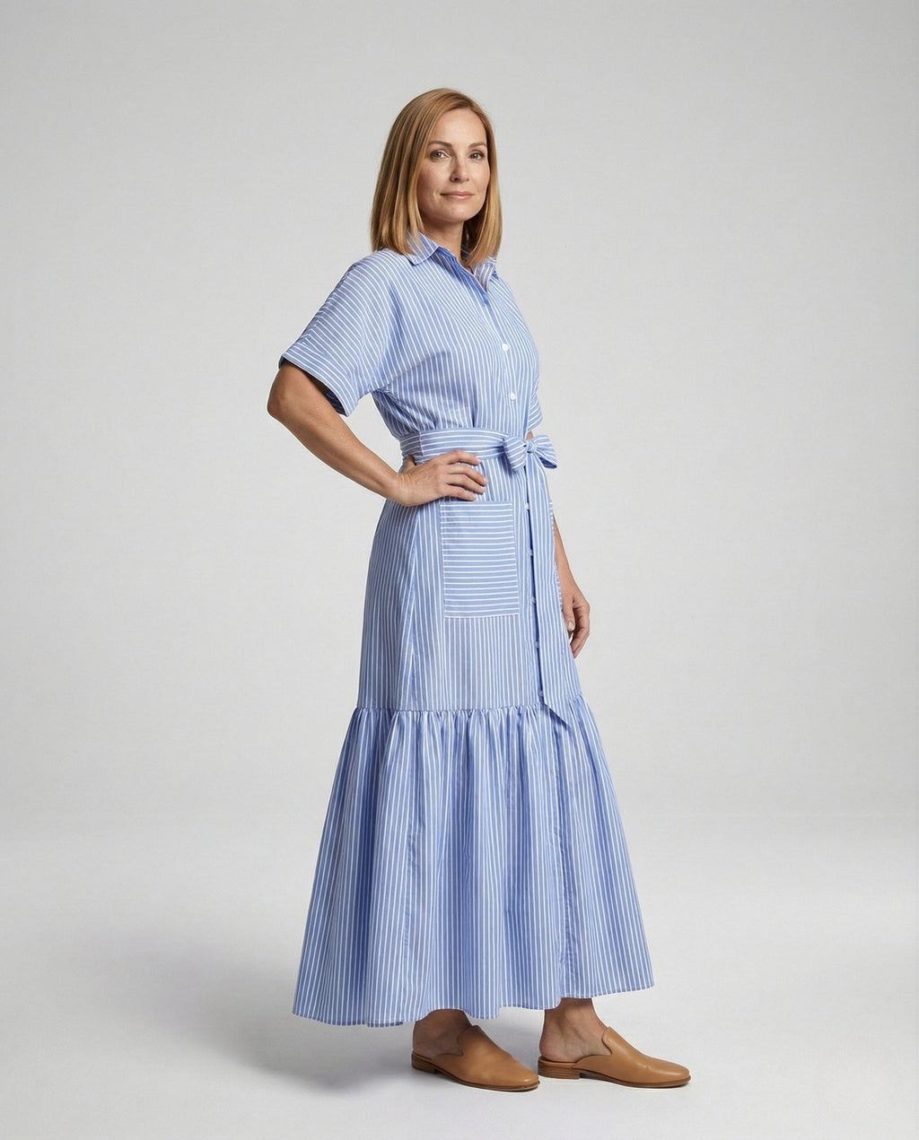 Maxi Dress Women's Shirt Dress with Belt - Front View