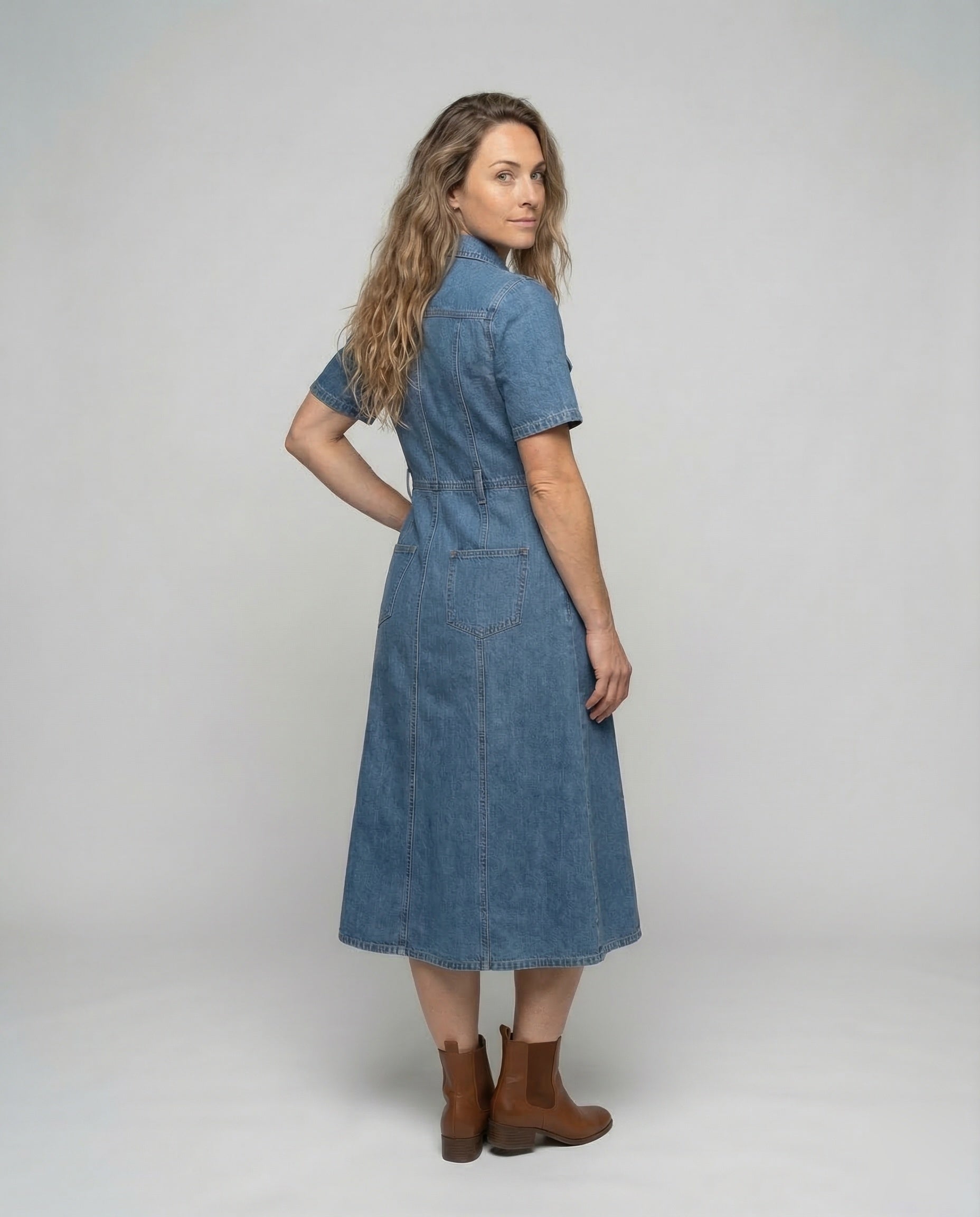 Leisure Dress Women Denim Midi Dress - Back View