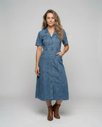 Leisure Dress Women Denim Midi Dress - Front View
