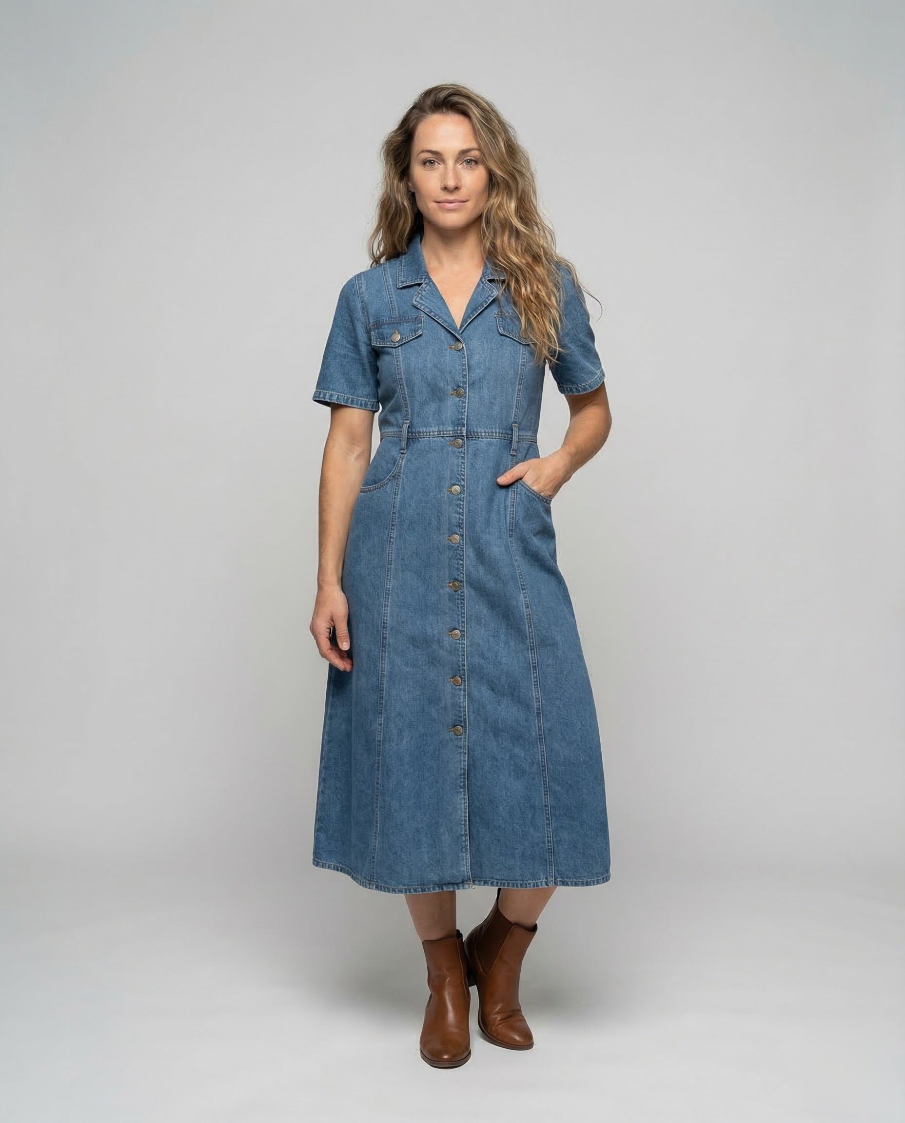 Leisure Dress Women Denim Midi Dress - Front View