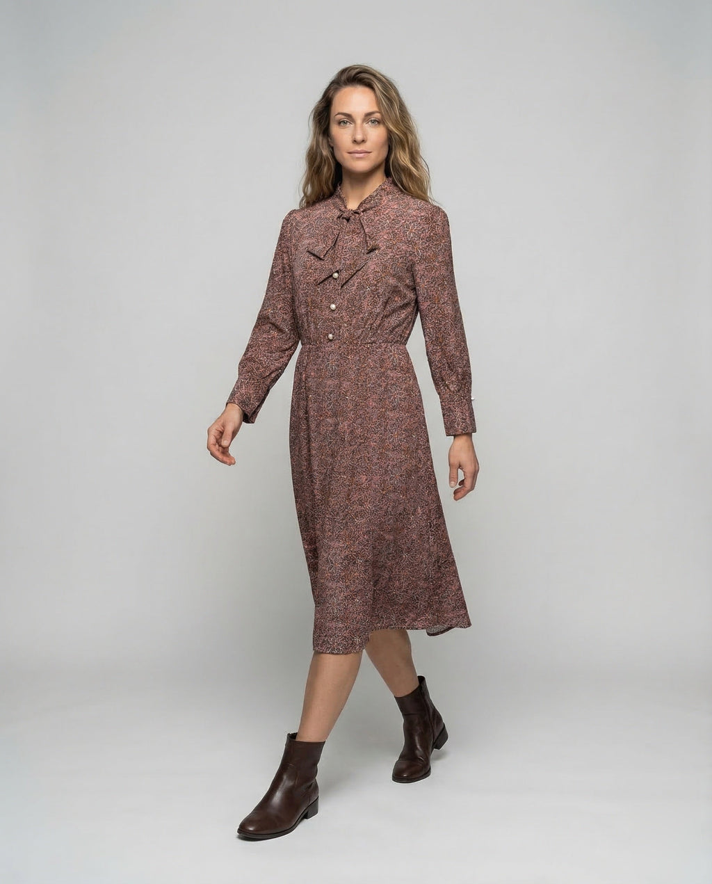 Maxi Dress Women Bow Collar - Front View