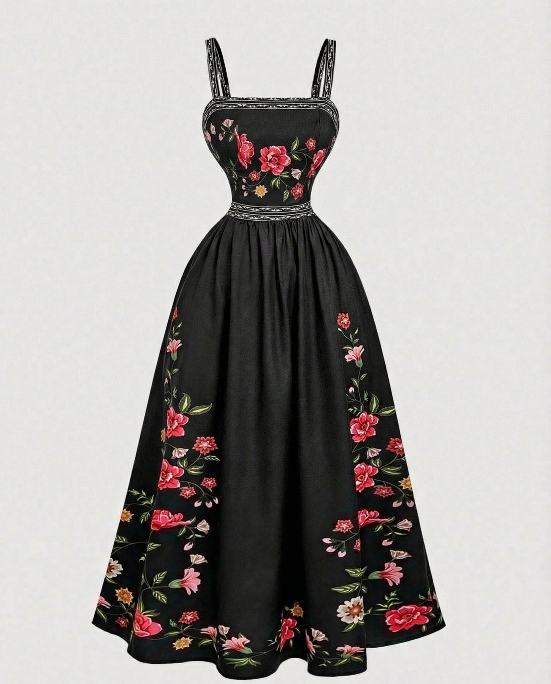 Retro Swing Dress Ankle-Length with Embroidery Women