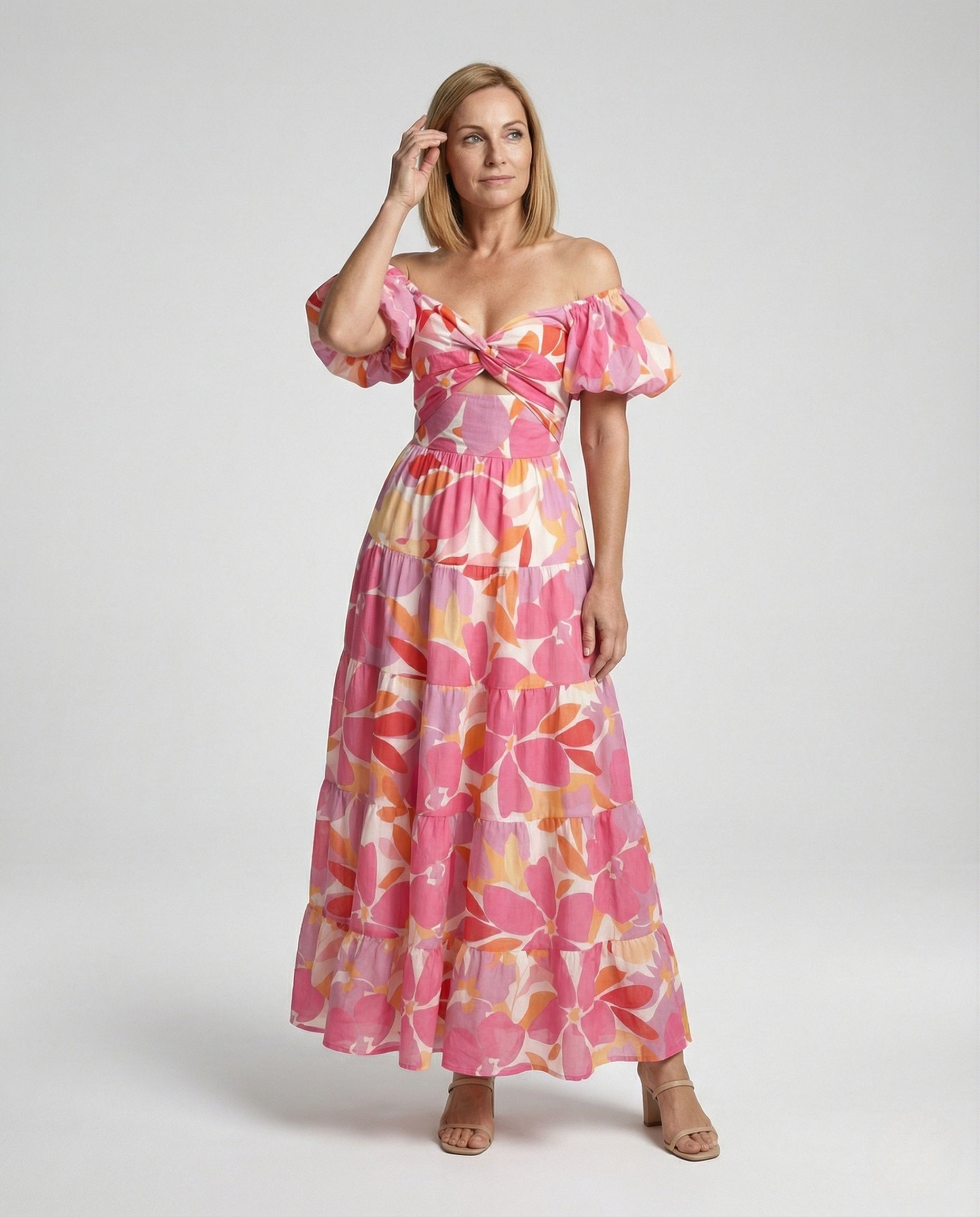 Carmen Maxi Dress with Puff Sleeves Women - Front View