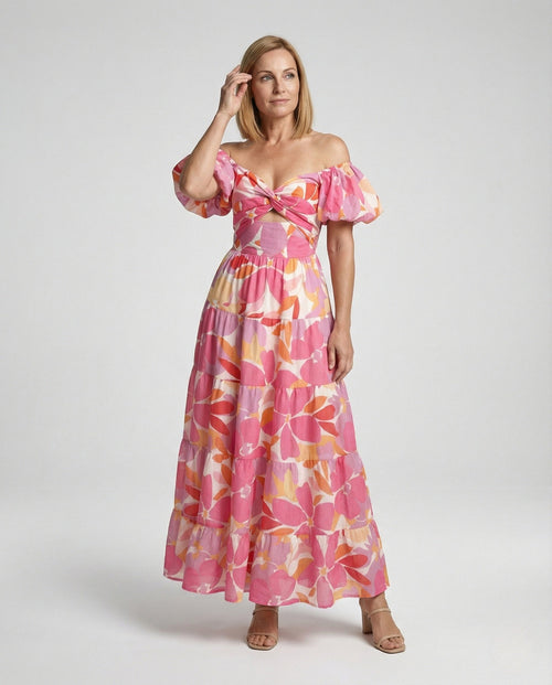Carmen Maxi Dress with Puff Sleeves Women - Front View
