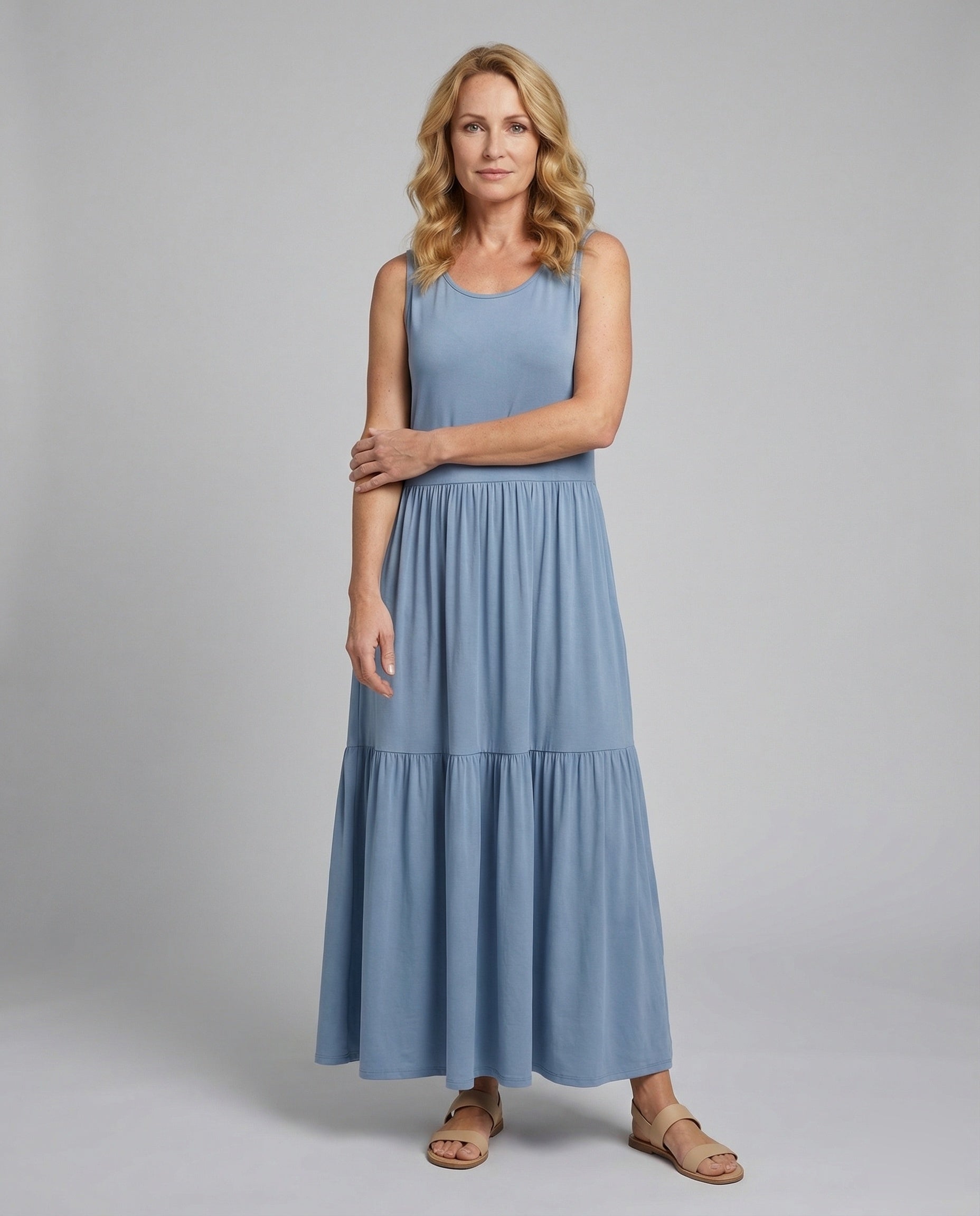 Maxi Dress Sleeveless with Tiered Skirt A-Line Women - Front View