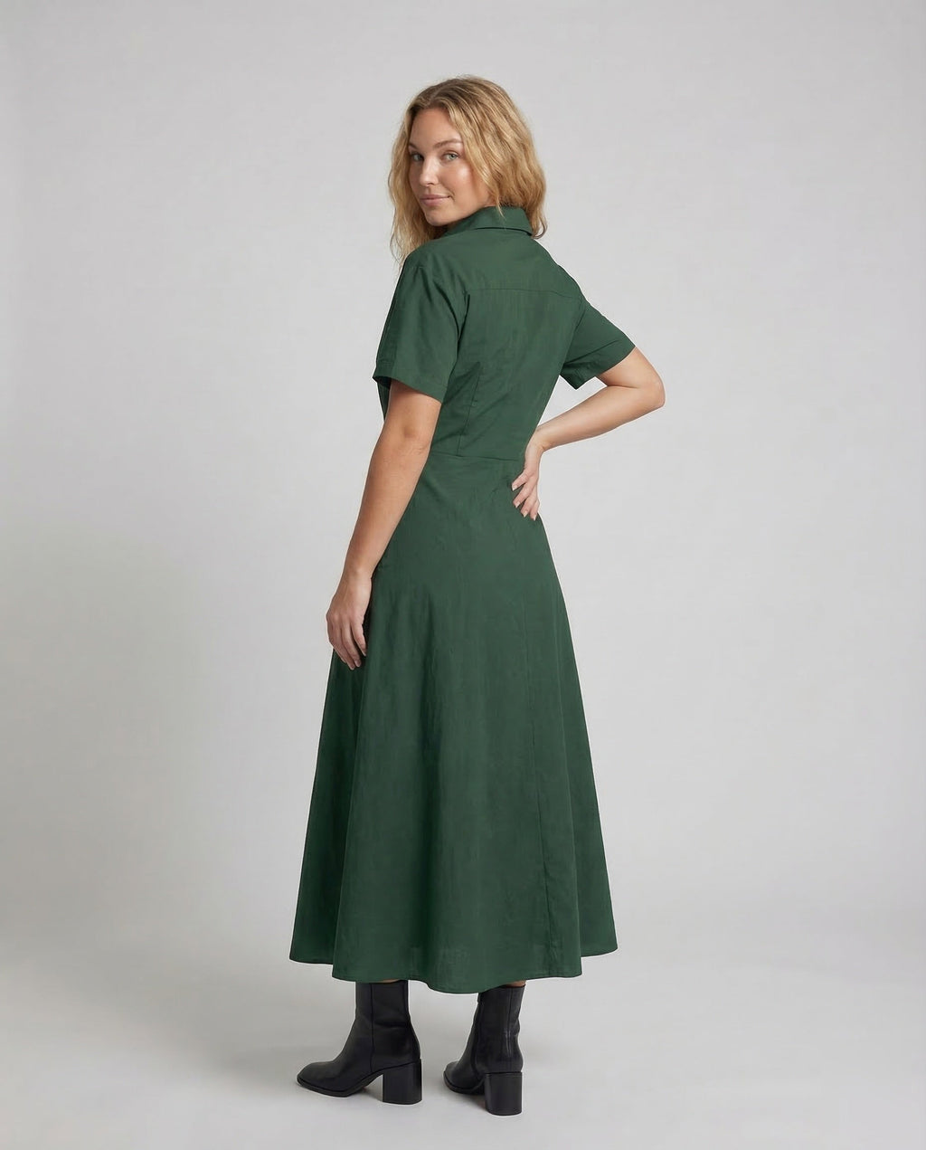 Women's Sleeveless Dot Midi Dress with Notched Collar and A-Line - Back View