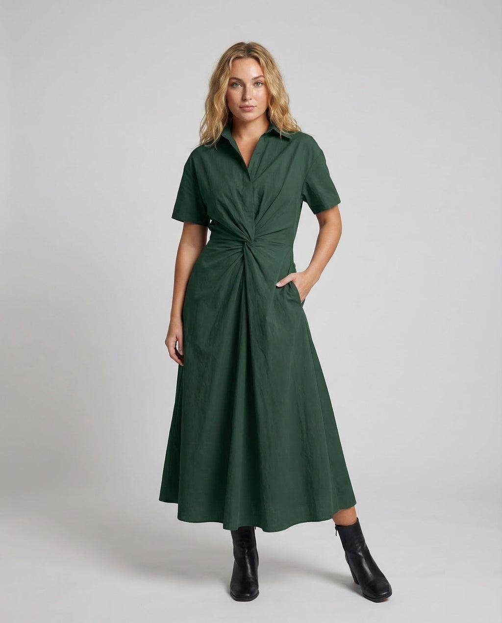 Women's Sleeveless Dot Midi Dress with Notched Collar and A-Line - Front View
