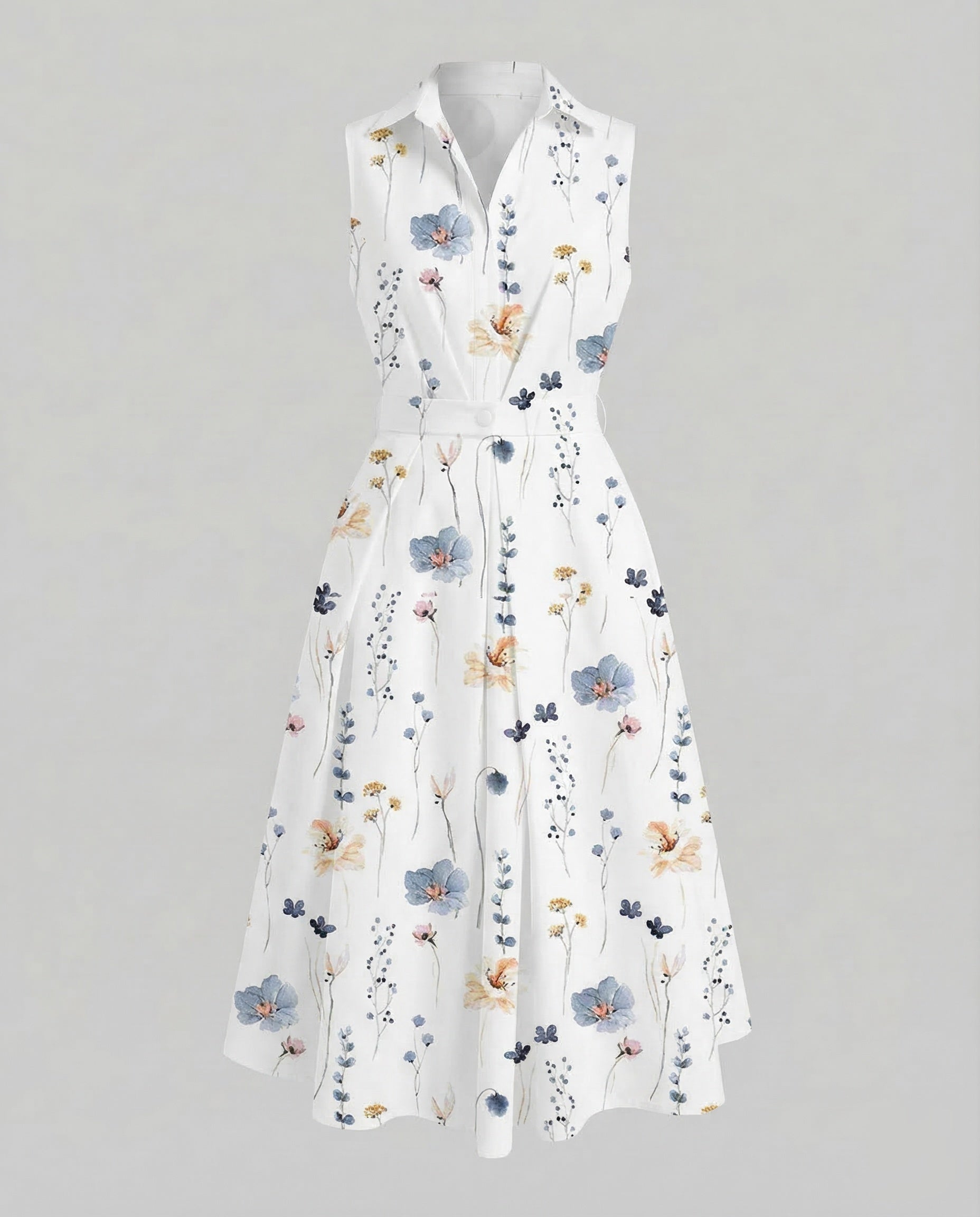 Women's Sleeveless Dot Midi Dress with Notched Collar and A-Line