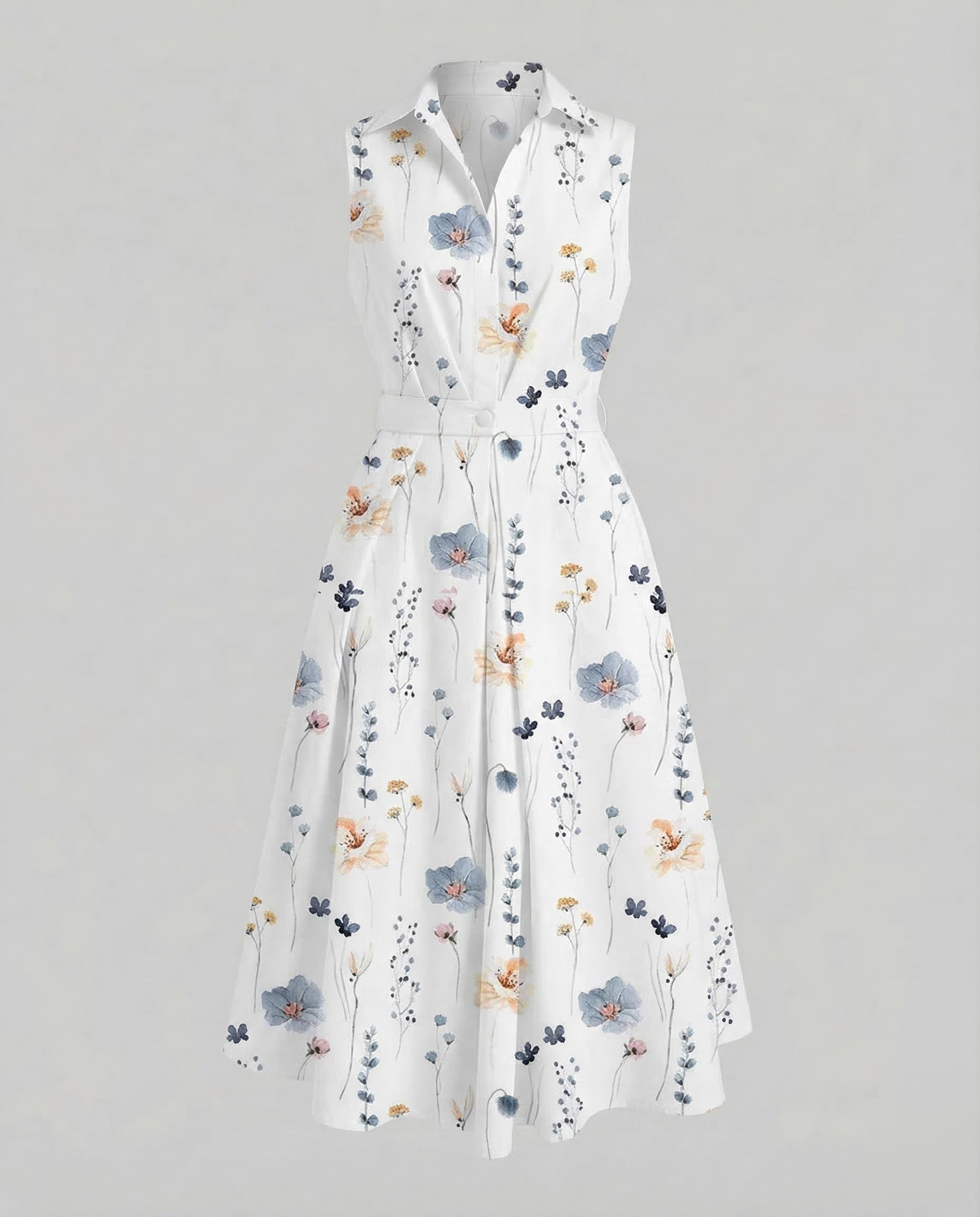 Women's Sleeveless Dot Midi Dress with Notched Collar and A-Line