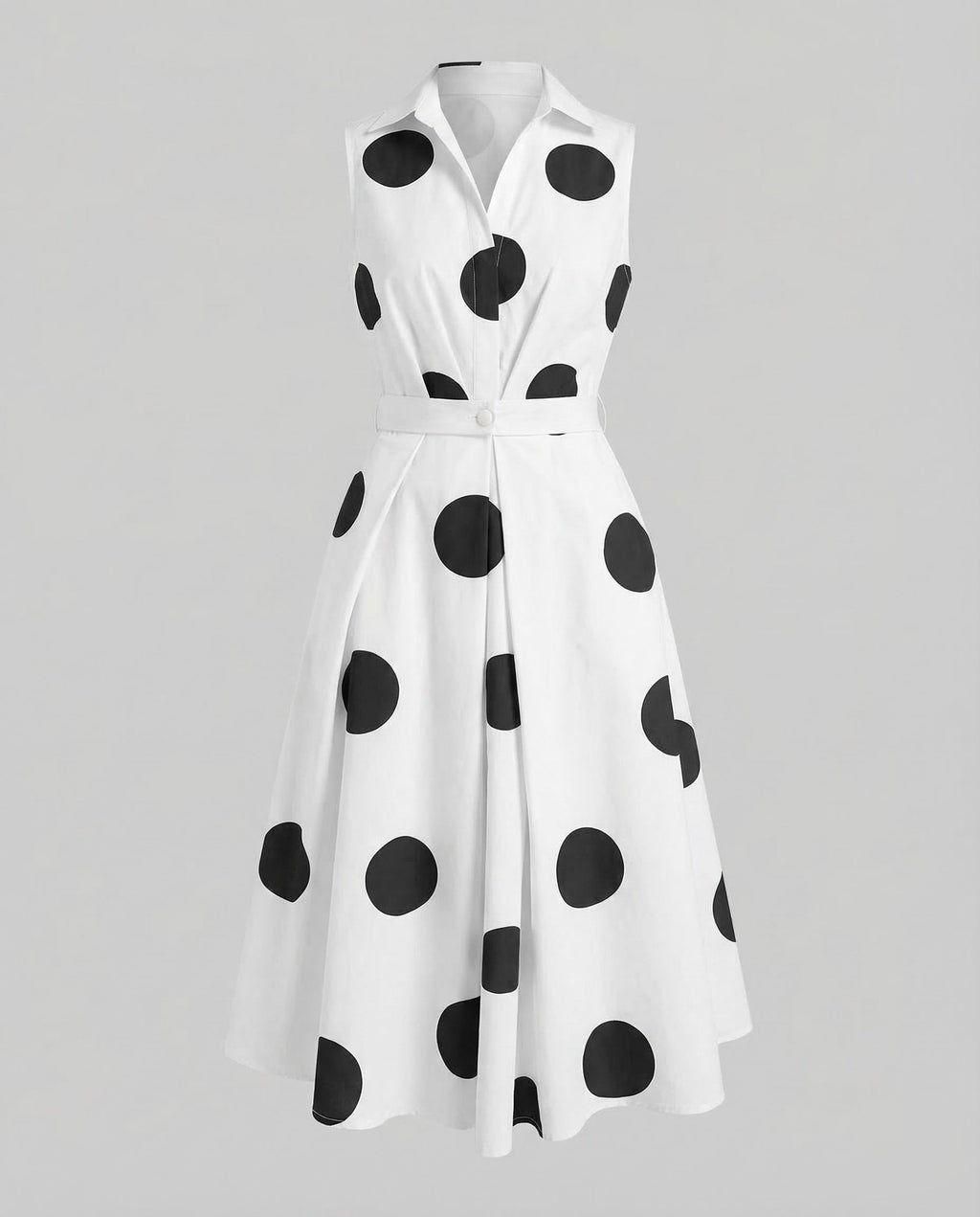 Women's Sleeveless Dot Midi Dress with Notched Collar and A-Line