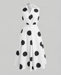 Women's Sleeveless Dot Midi Dress with Notched Collar and A-Line
