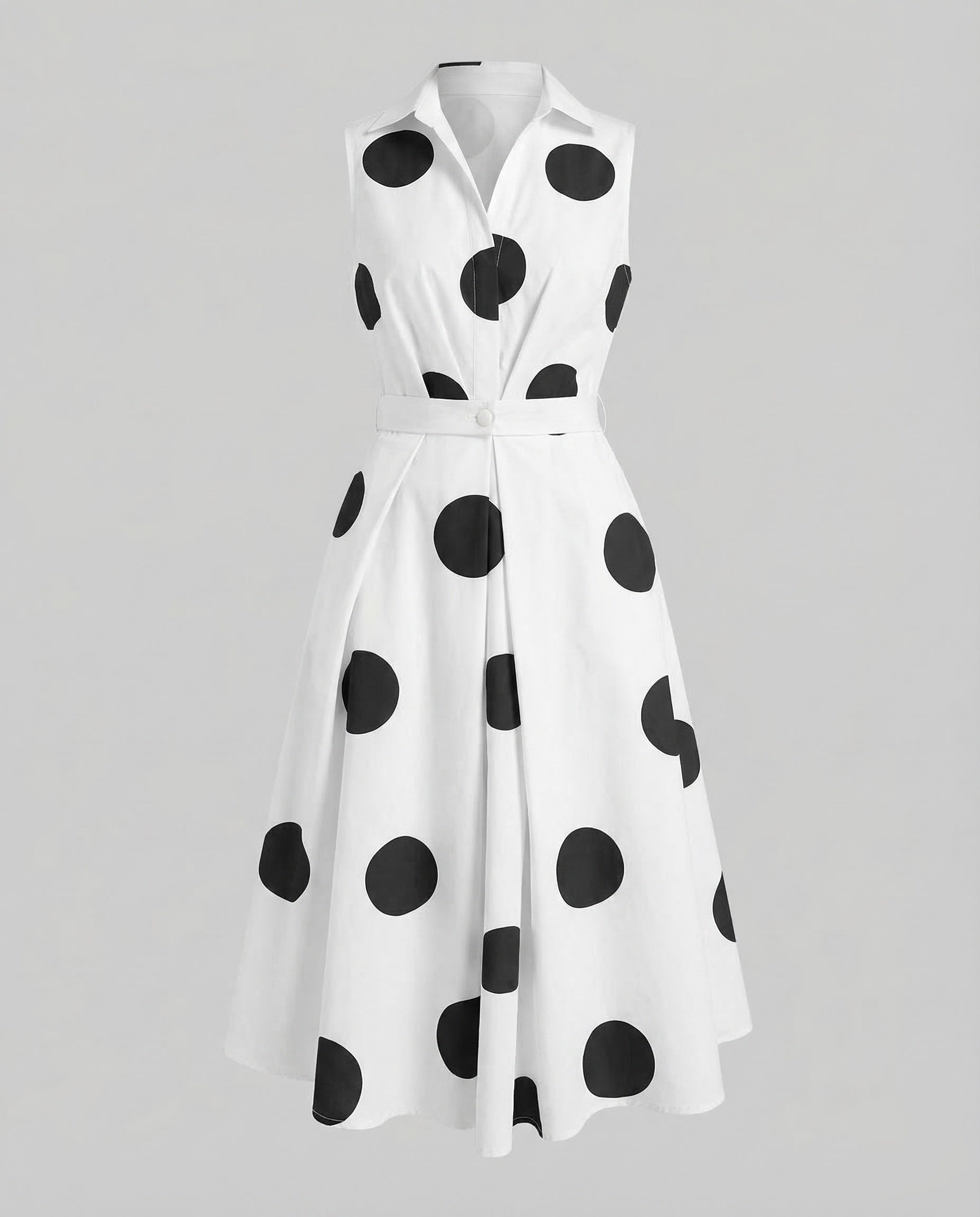 Women's Sleeveless Dot Midi Dress with Notched Collar and A-Line