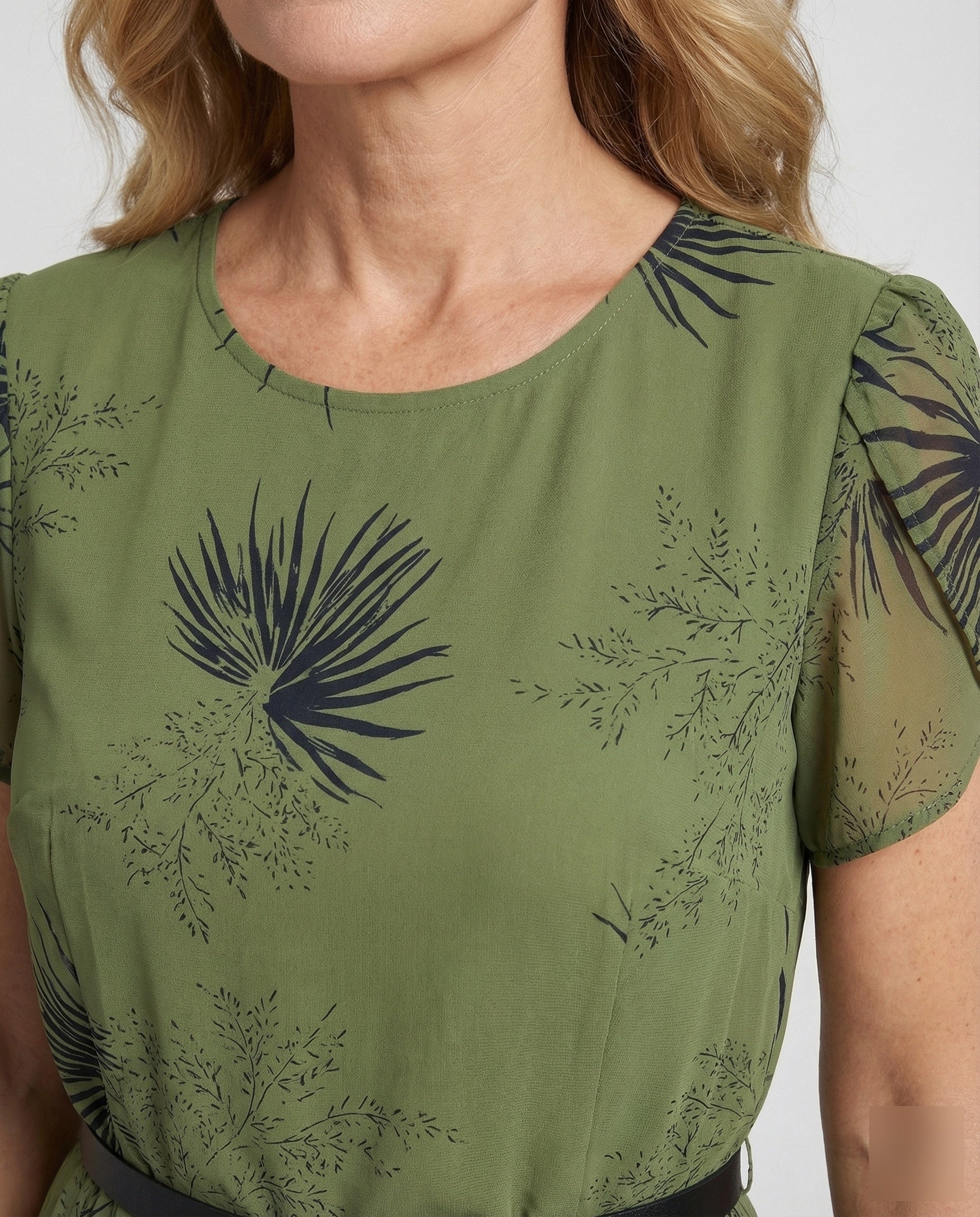 Women's Chiffon Midi Dress with Waist Belt and Palm Pattern - Close-Up Detail