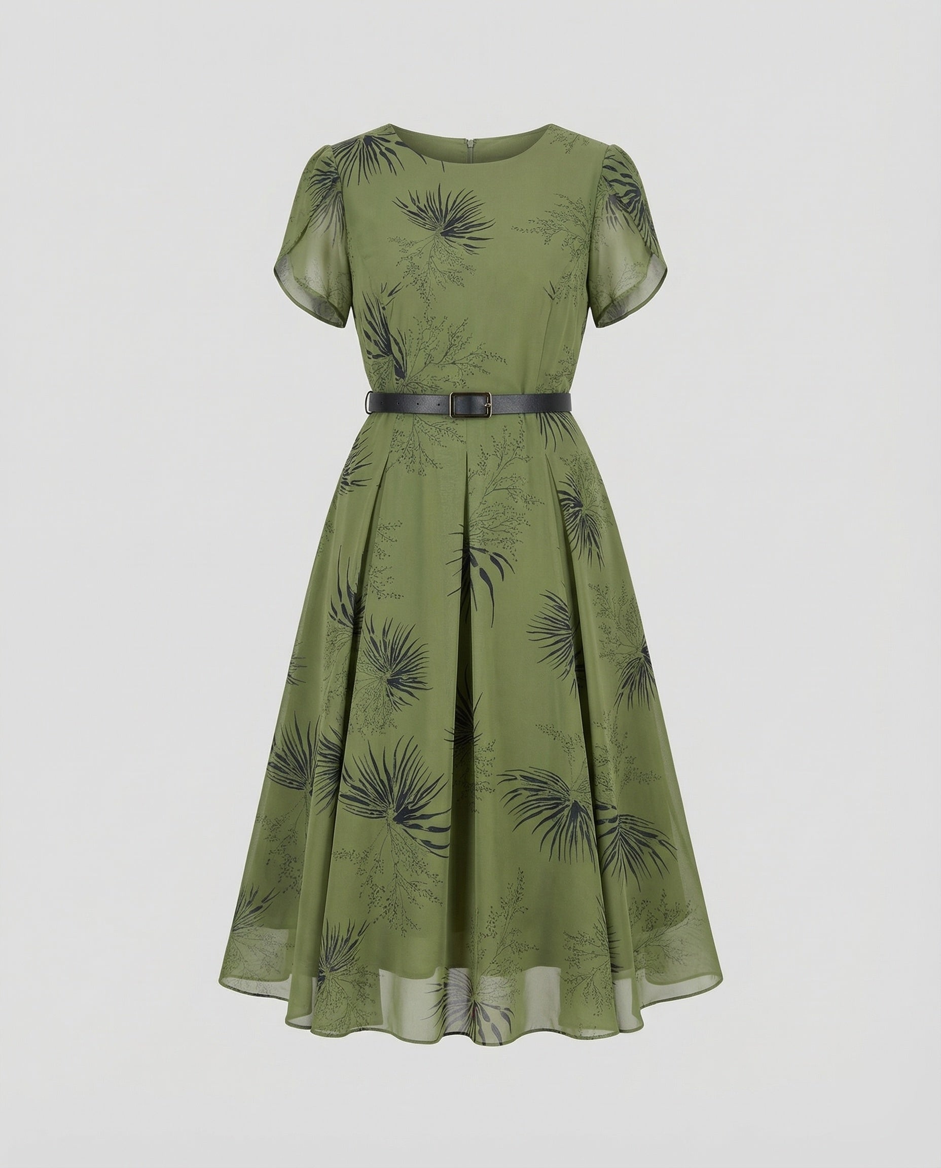Women's Chiffon Midi Dress with Waist Belt and Palm Pattern