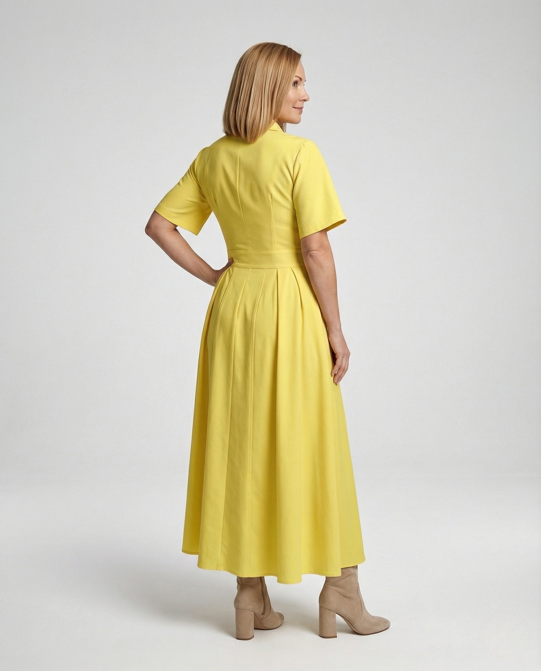 Women's Maxi Dress in Shirt Blouse Style with Leg Slit - Back View