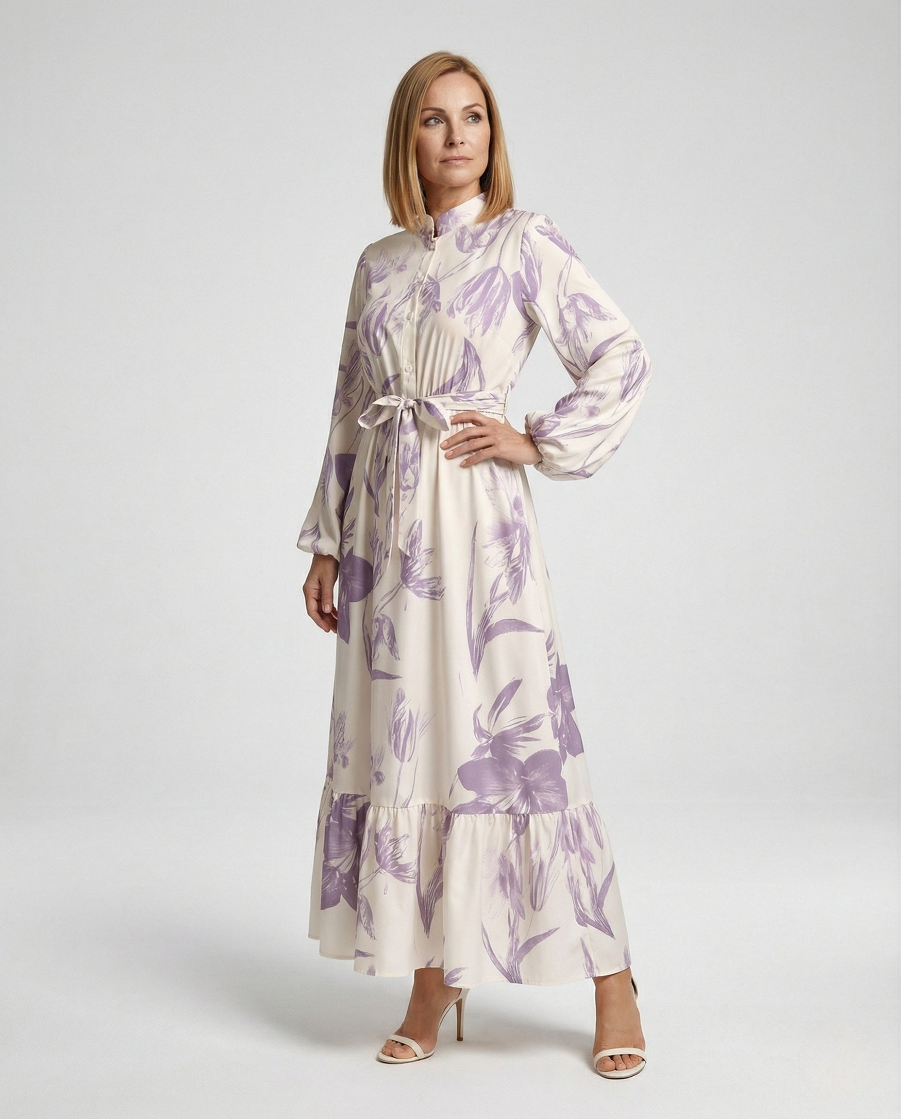 Women's Maxi Dress with Stand Collar and Balloon Sleeves - Front View