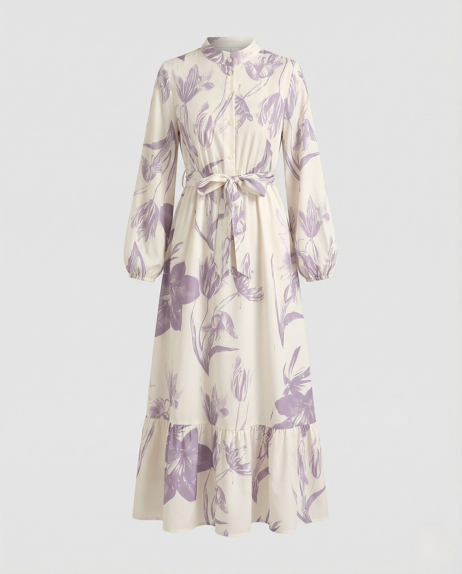 Women's Maxi Dress with Stand Collar and Balloon Sleeves