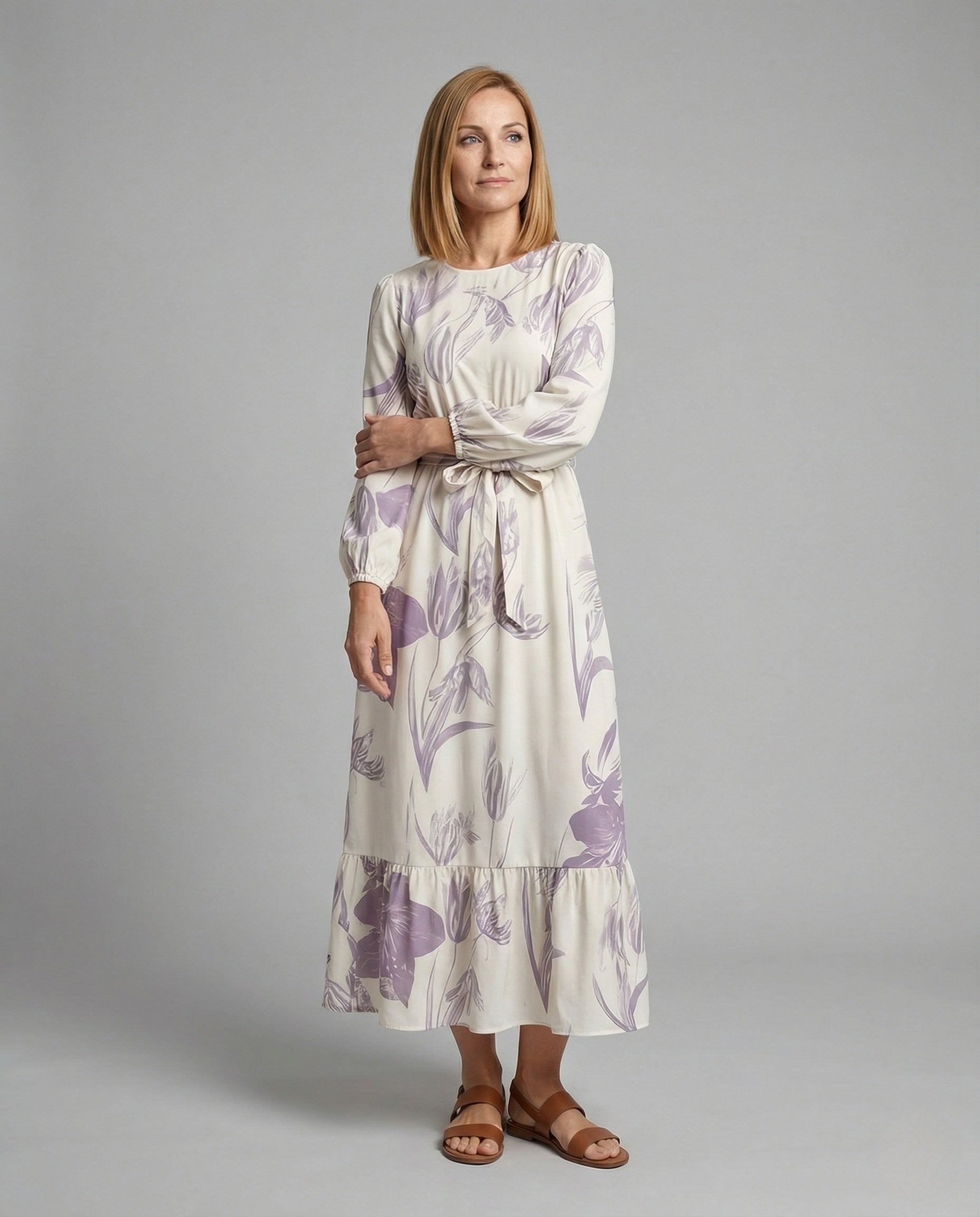 Women's Maxi Dress with Balloon Sleeves and Ruffle Hem - Front View