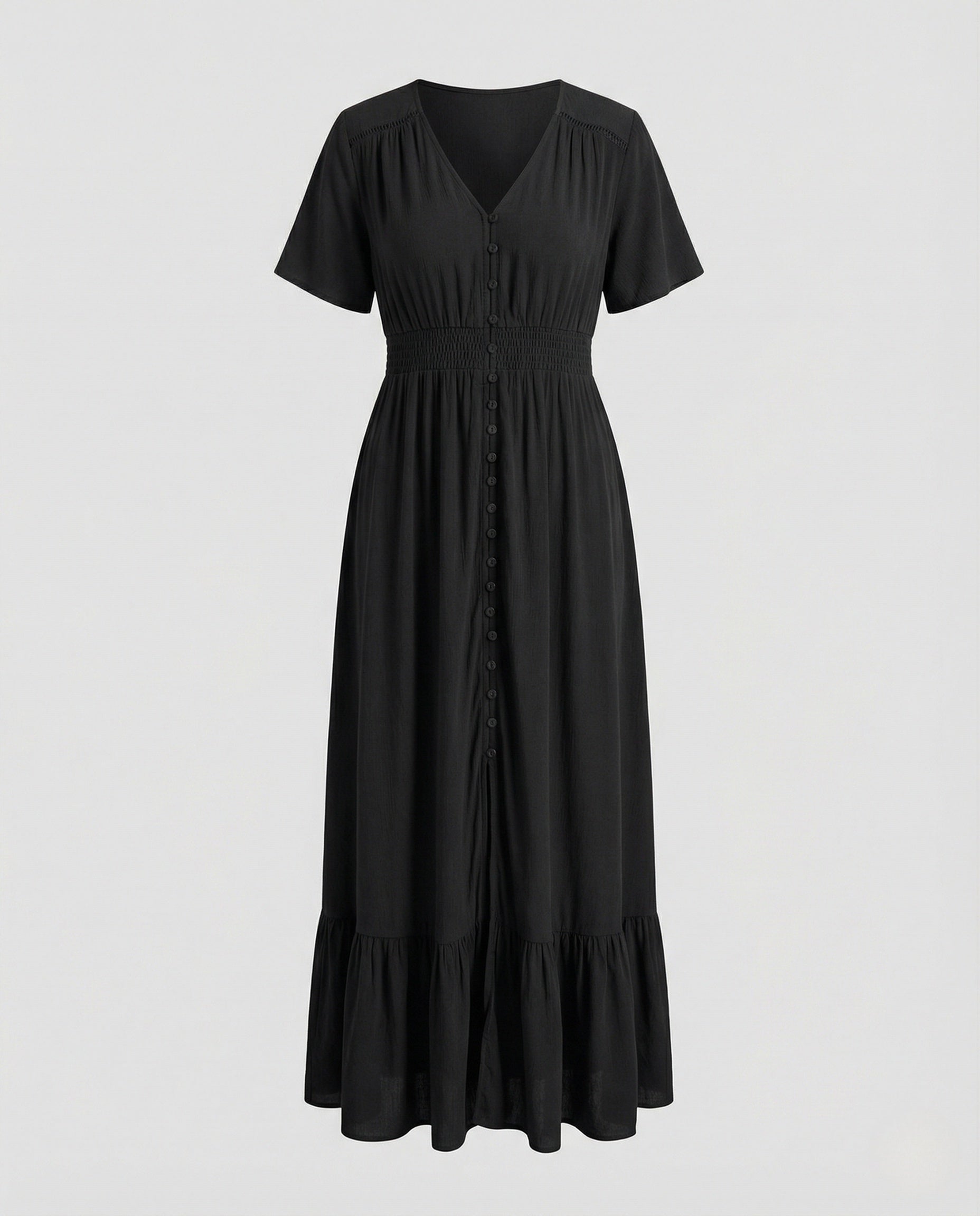 Women's Maxi Dress with Button Placket and Tiered Ruffle