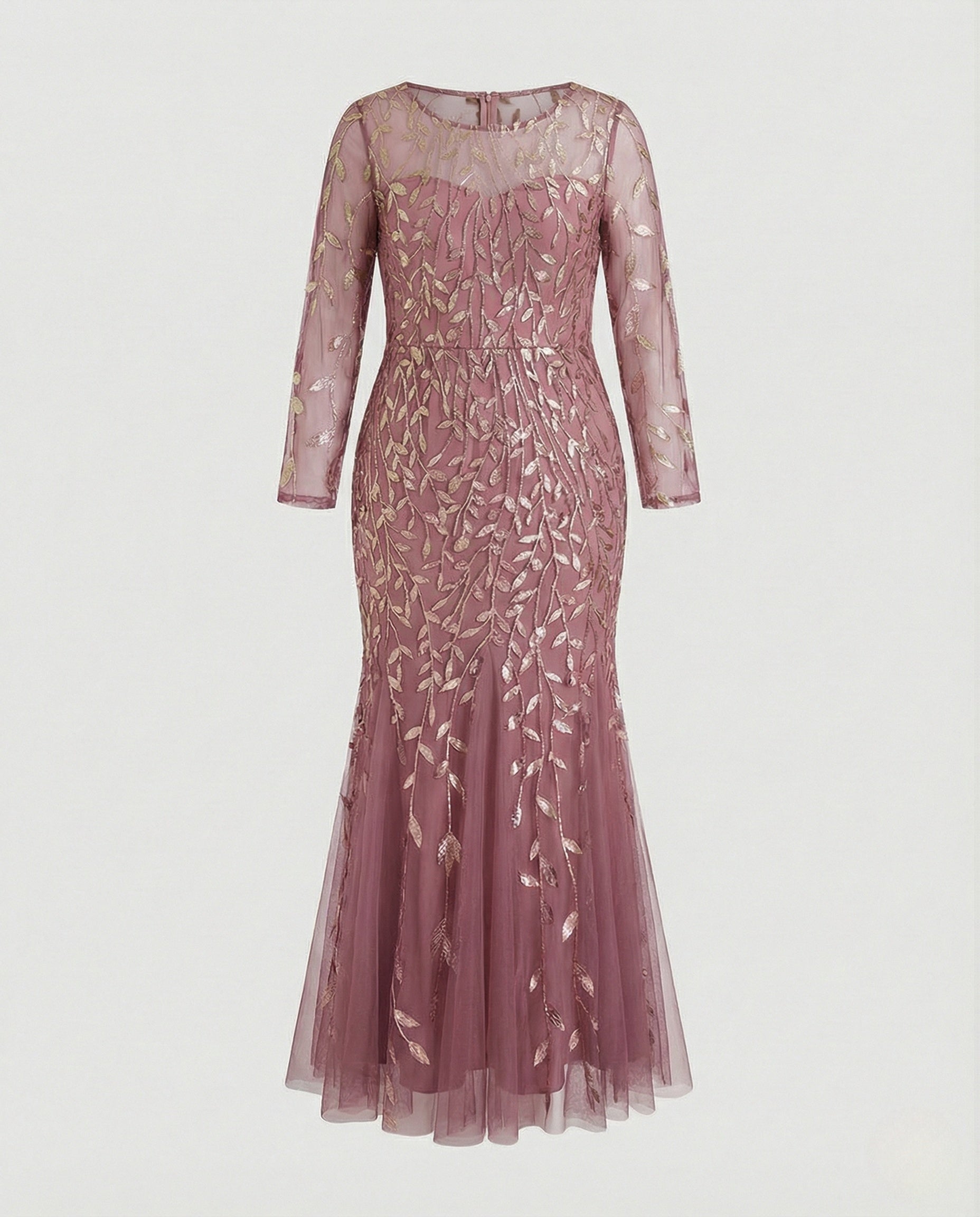 Women's Tulle Evening Dress with Leaf Embroidery, Mermaid Silhouette