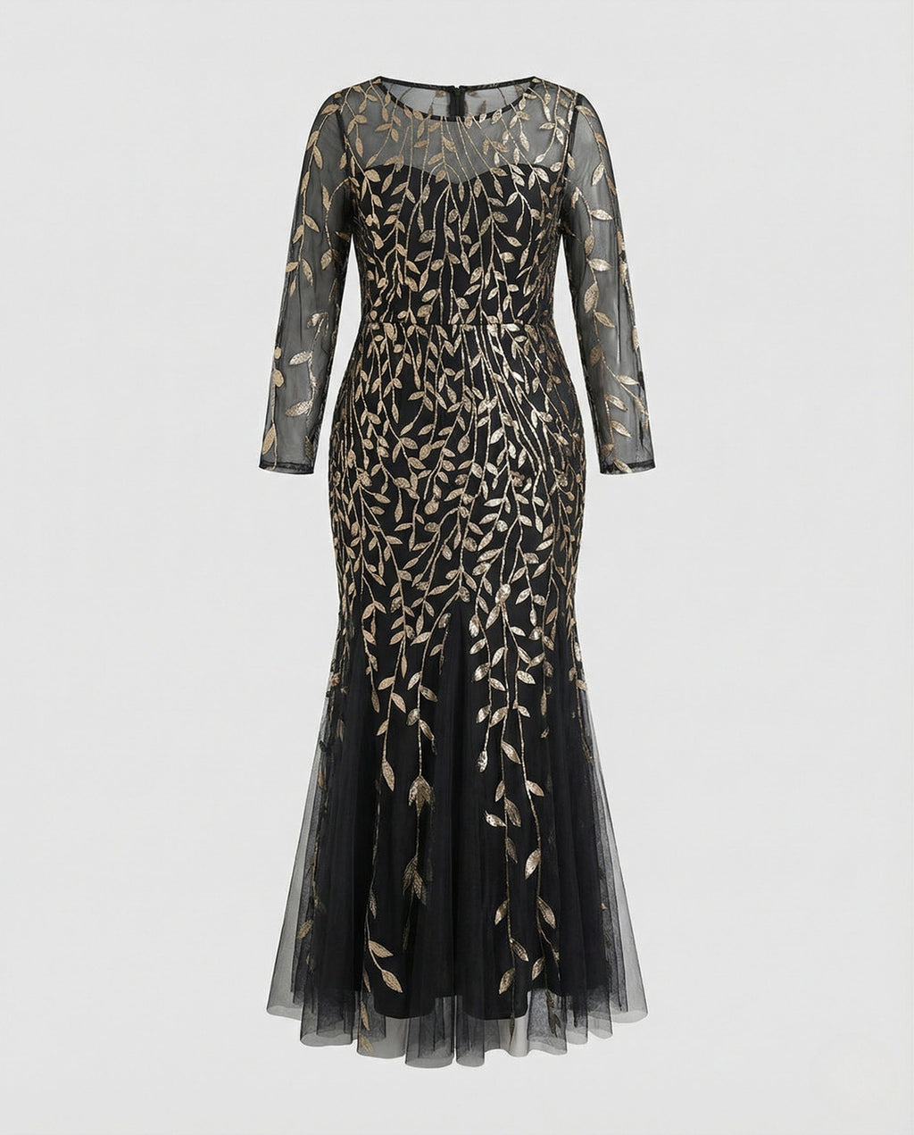 Women's Tulle Evening Dress with Leaf Embroidery, Mermaid Silhouette