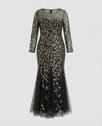 Women's Tulle Evening Dress with Leaf Embroidery, Mermaid Silhouette