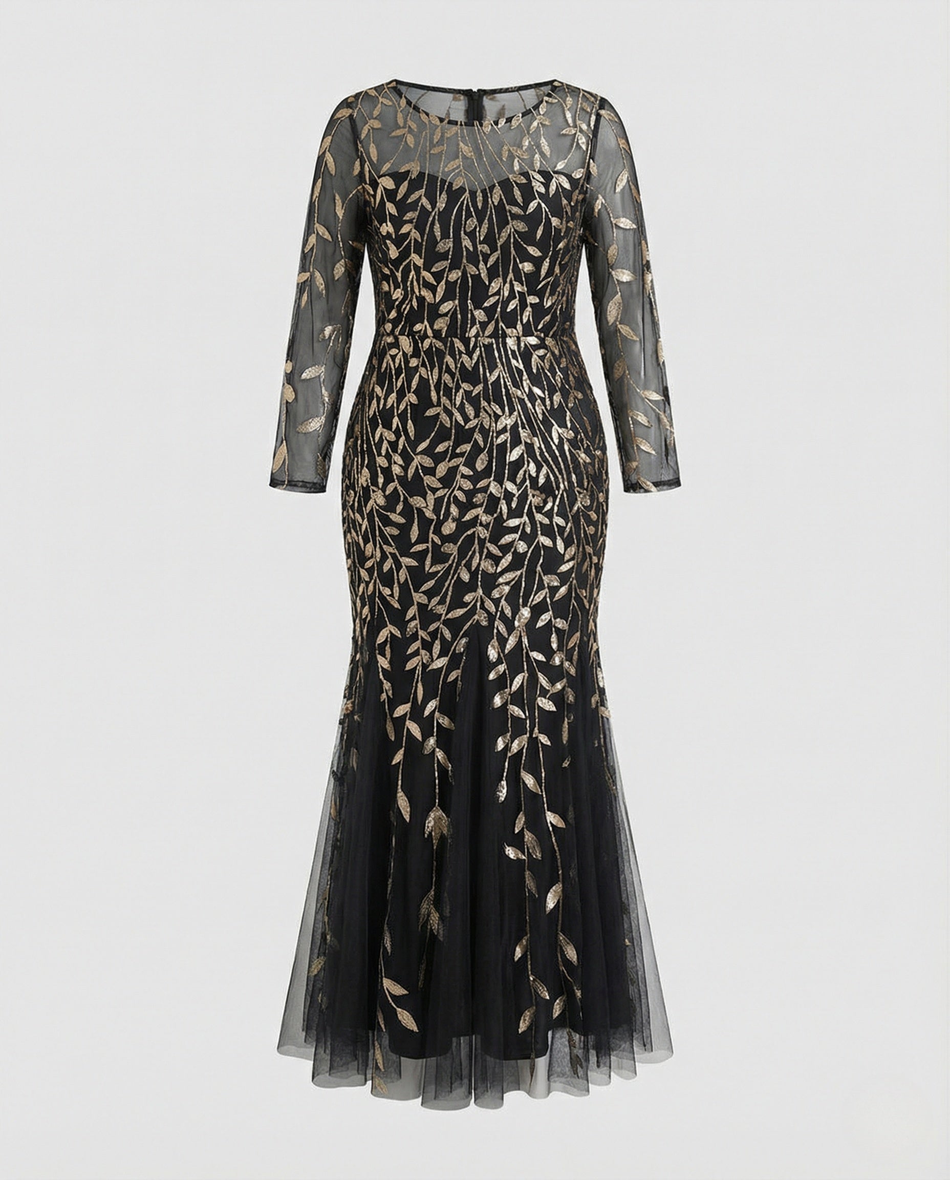 Women's Tulle Evening Dress with Leaf Embroidery, Mermaid Silhouette