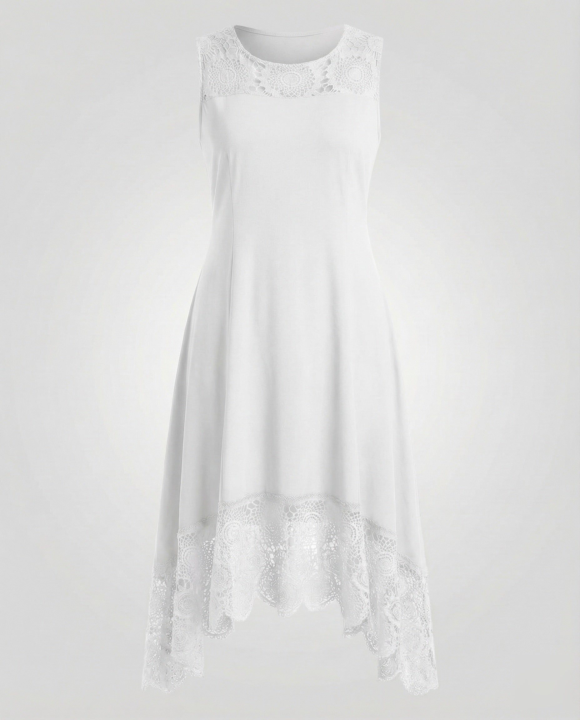 Women's Sleeveless Maxi Dress with Lace Appliqué and Asymmetric Hem