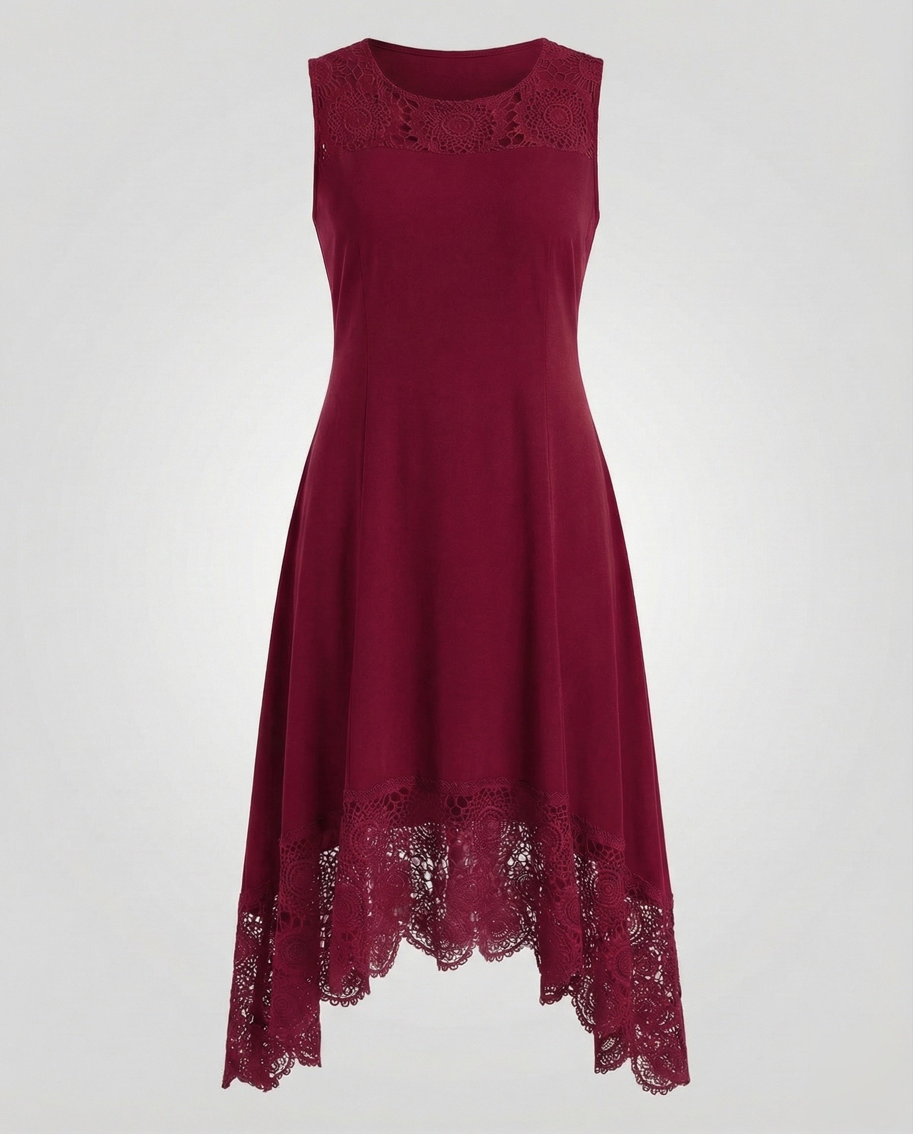 Women's Sleeveless Maxi Dress with Lace Appliqué and Asymmetric Hem