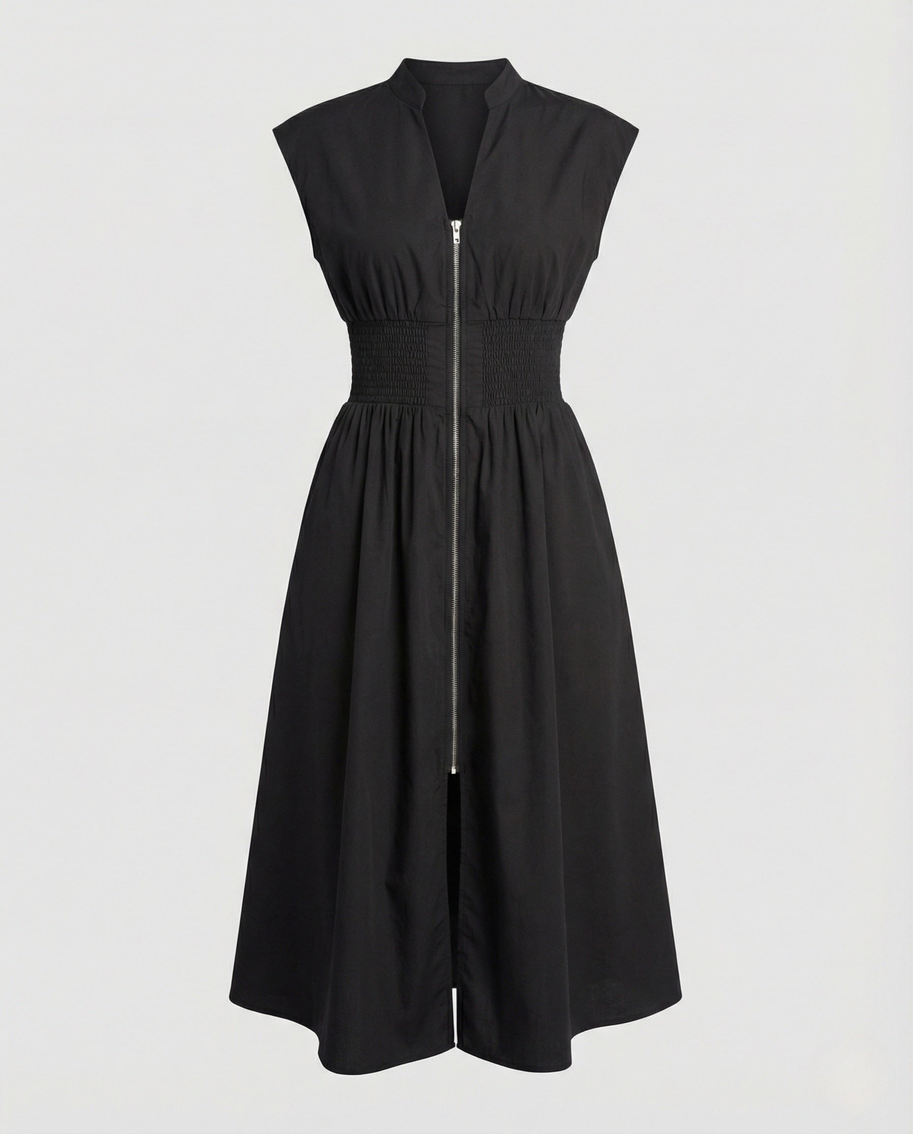 Women's Midi Dress with Front Zipper and Smocked Waist