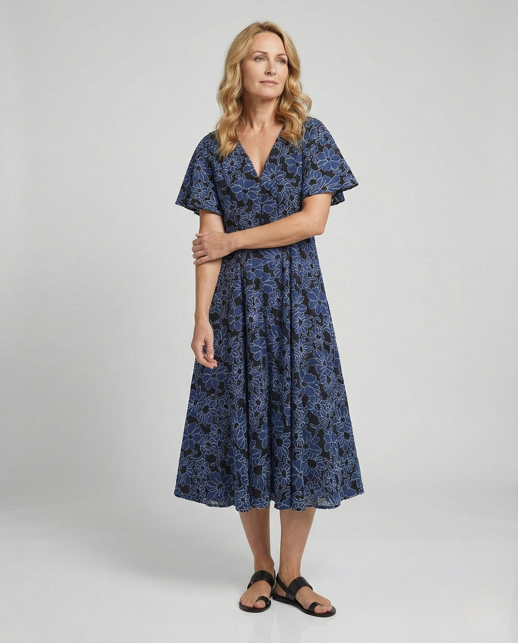 Women's Embroidered Midi Dress with V-Neck and Batwing Sleeves - Front View