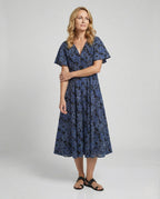 Women's Embroidered Midi Dress with V-Neck and Batwing Sleeves - Front View