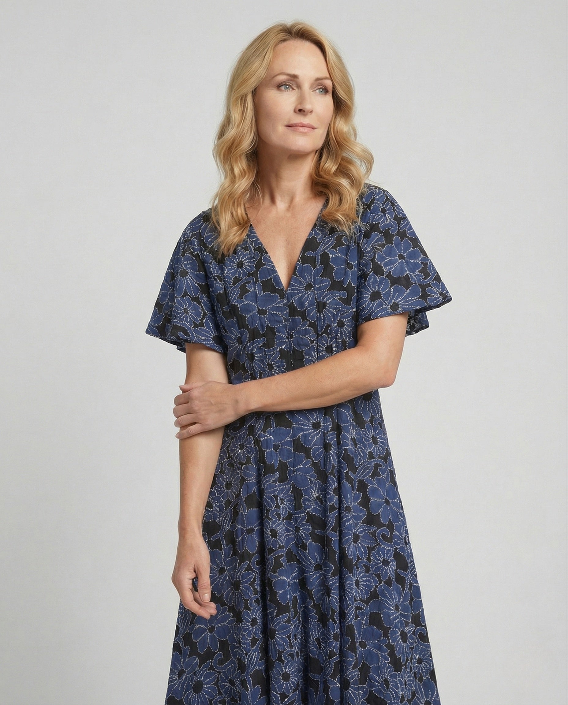 Women's Embroidered Midi Dress with V-Neck and Batwing Sleeves - Upper Body View