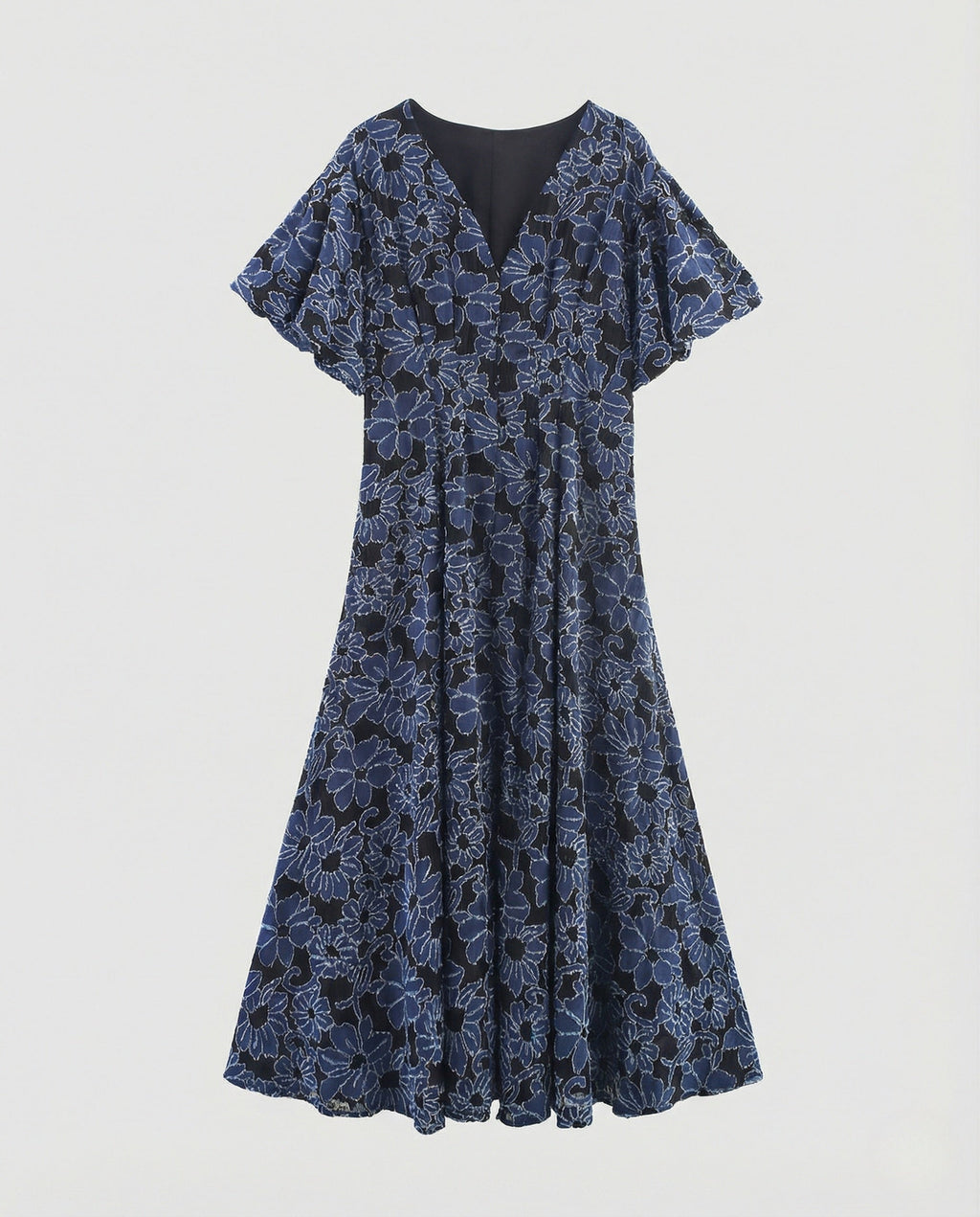 Women's Embroidered Midi Dress with V-Neck and Batwing Sleeves
