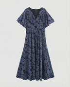 Women's Embroidered Midi Dress with V-Neck and Batwing Sleeves