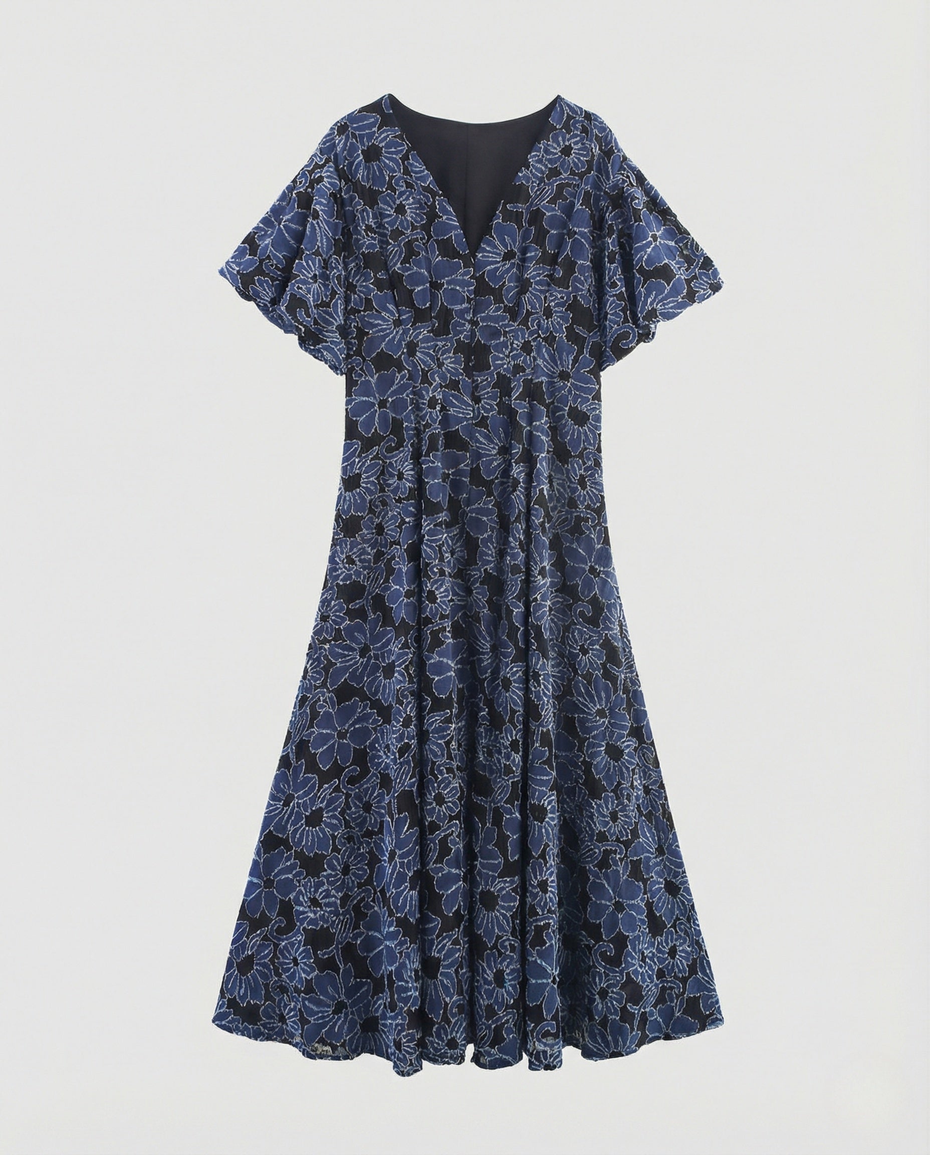 Women's Embroidered Midi Dress with V-Neck and Batwing Sleeves