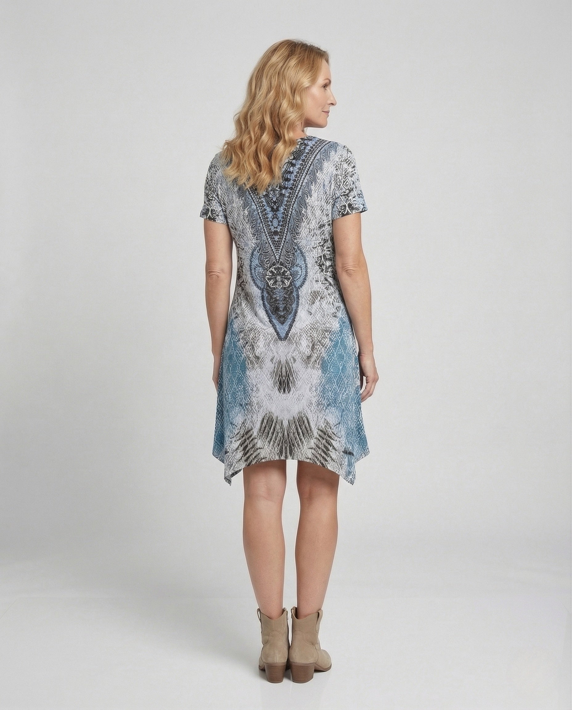 Women's Tunic Dress with Ornamental Pattern and Leg Slit - Back View