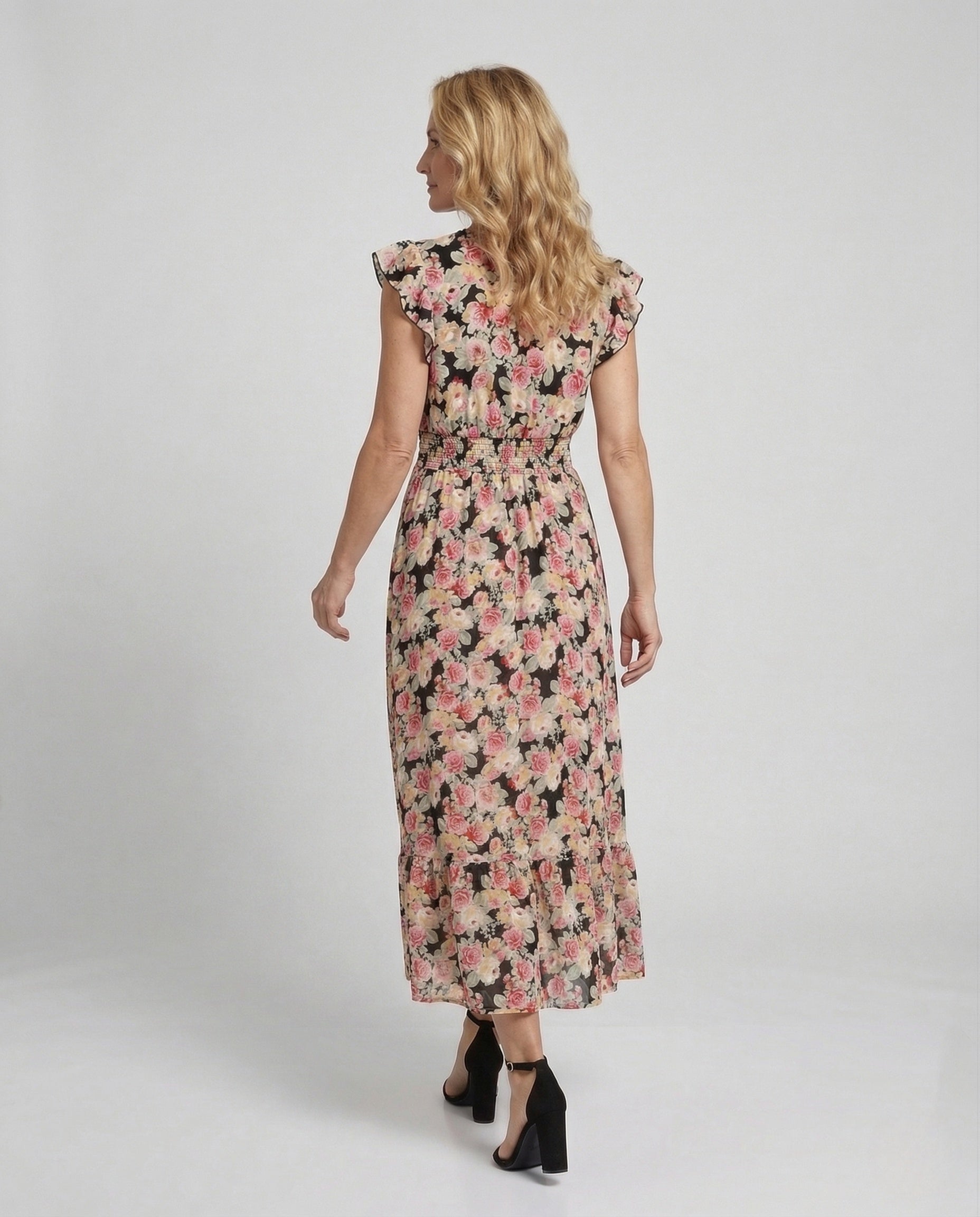 Women's Wrap Maxi Dress with Ruffle Tier - Back View
